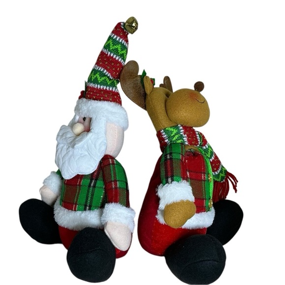Santa and Reindeer Plush Gnomes Shelf Sitter Christmas Holiday Set Tartan Plaid - Picture 4 of 16